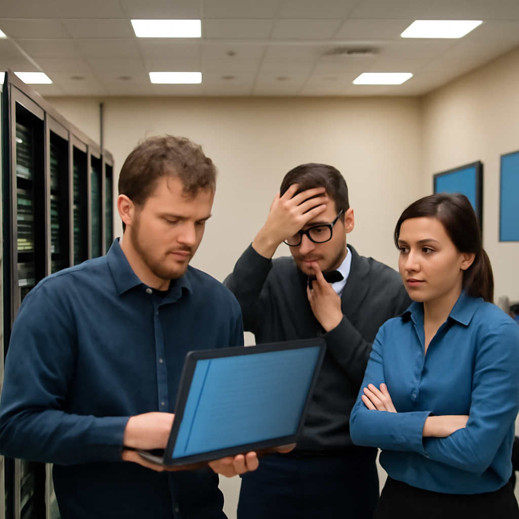 Network administrators review system logs on a laptop in a modern server room.