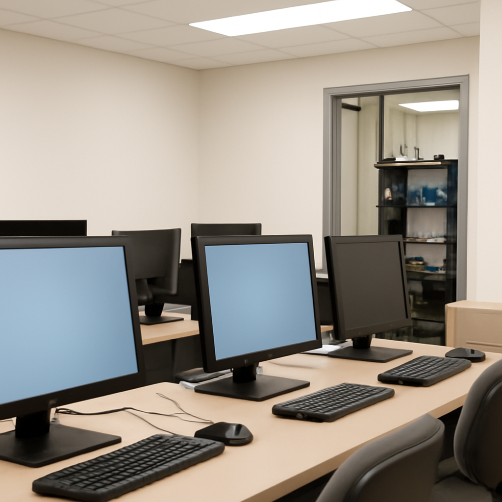 Brightly-lit office setting with computers and network equipment in the background.