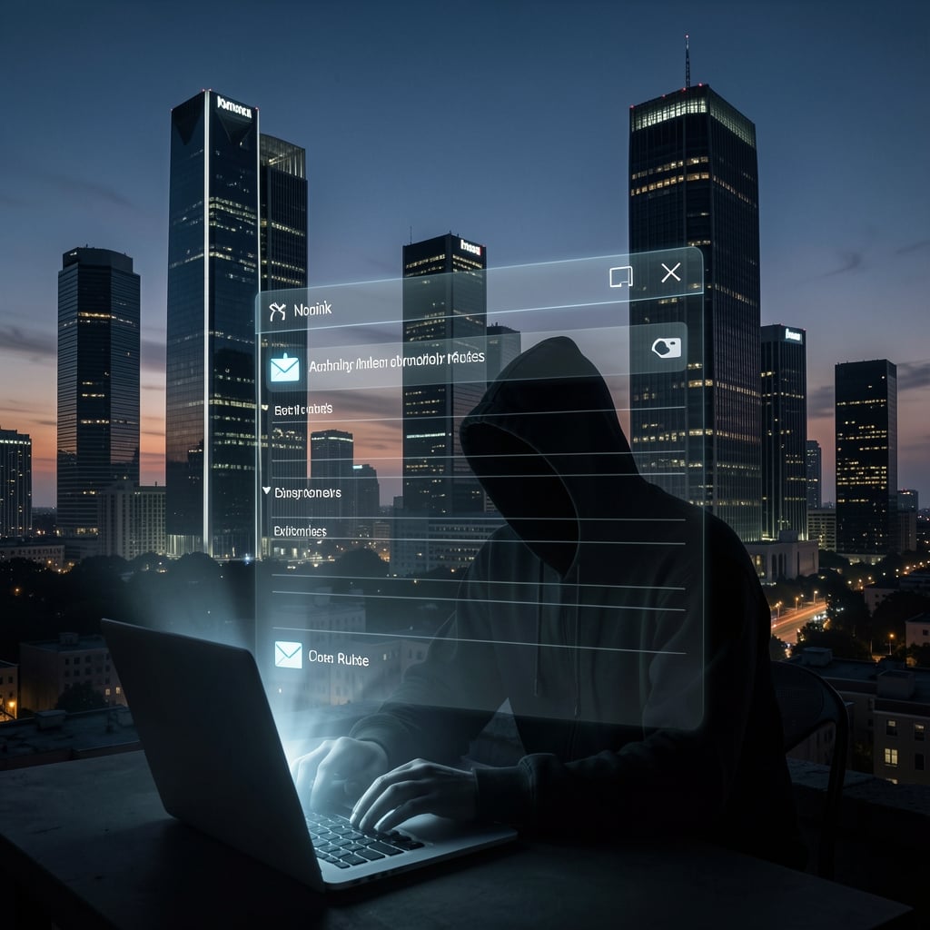 Shadowy figure hunched over laptop with eerie glow, cityscape with lit skyscrapers in background.