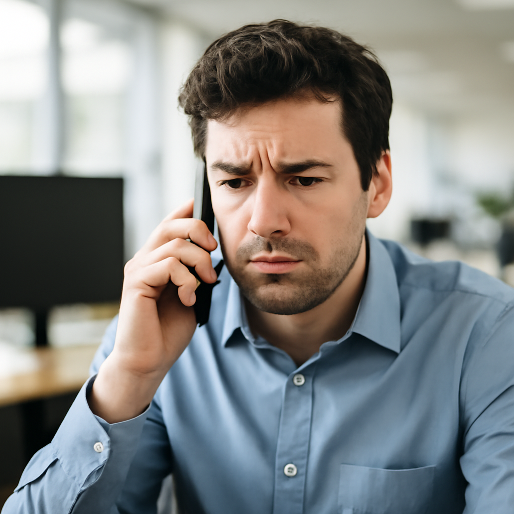 Person sitting at desk, speaking on phone with concerned expression, blurred computer screen in background.