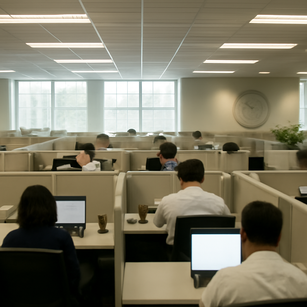 Corporate office interior with employees at desks, laptops, and computers under natural light.