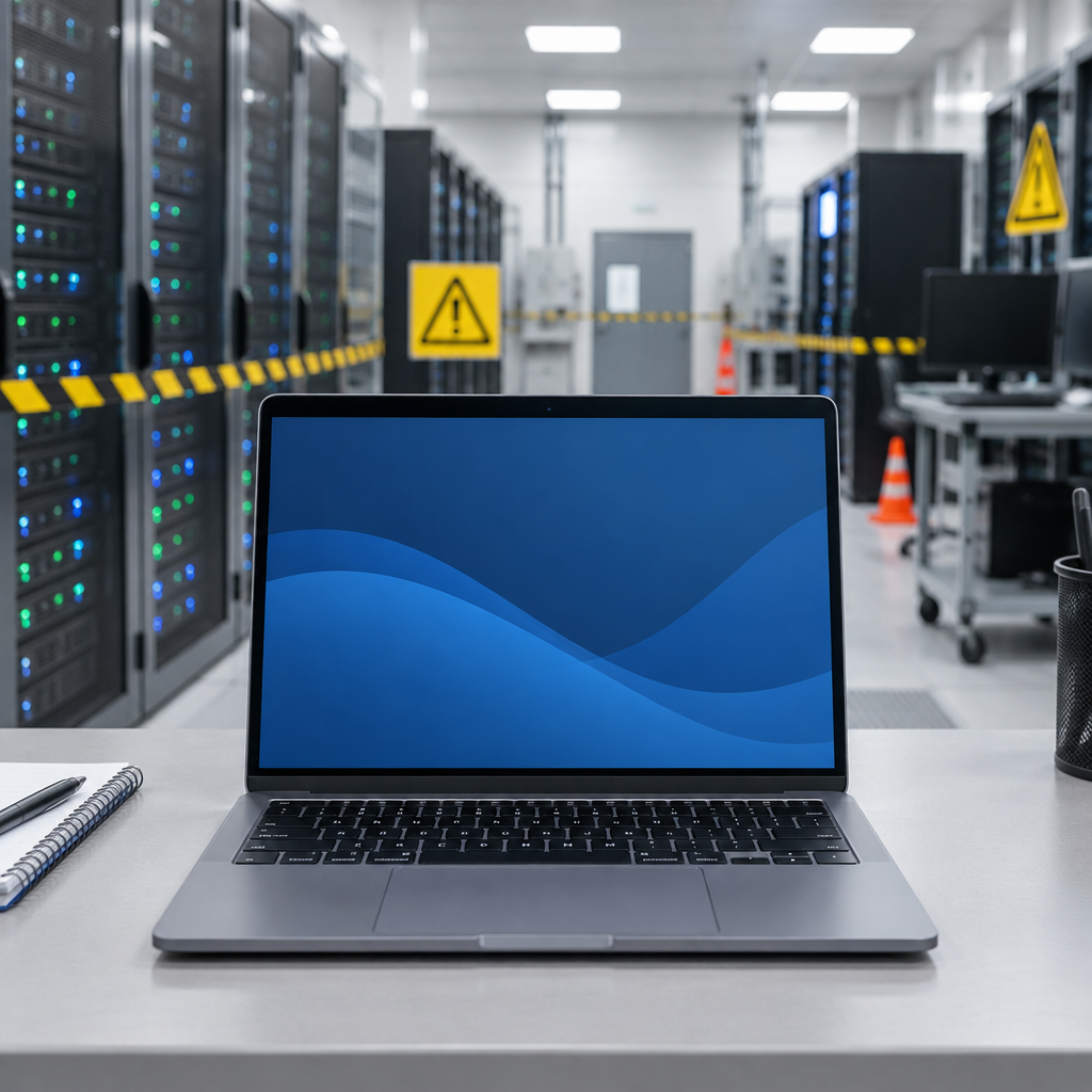 Urgent scene of a server room with rows of computer equipment and a lone, unoccupied workstation in the foreground.