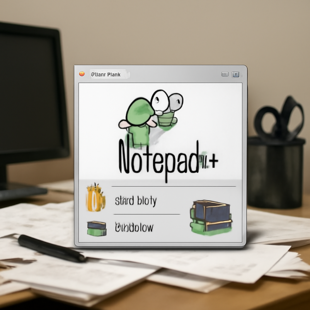 Notepad++ installation package and archive files on a cluttered office desk surrounded by papers and supplies.
