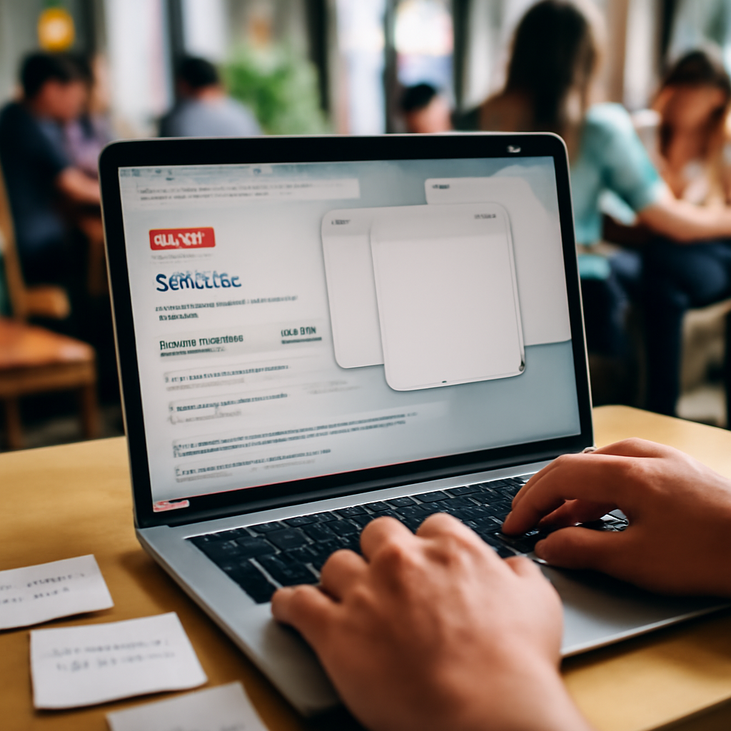 Web developer's laptop open to npm registry page in coffee shop with notes and empty browser windows nearby.