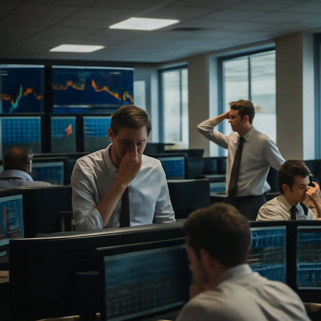 Brightly-lit trading floor with computer screens and financial data displays.