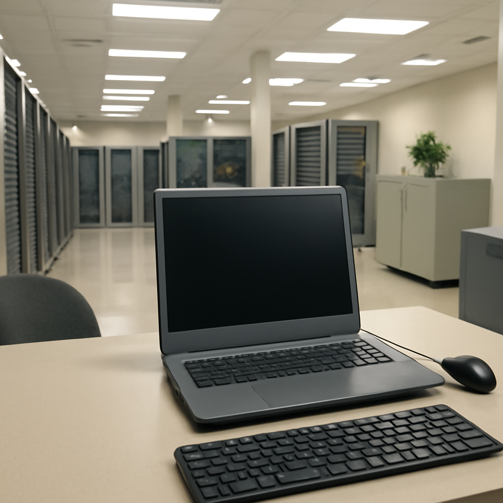 Oracle E-Business Suite terminal in a server room with a blank laptop screen nearby.