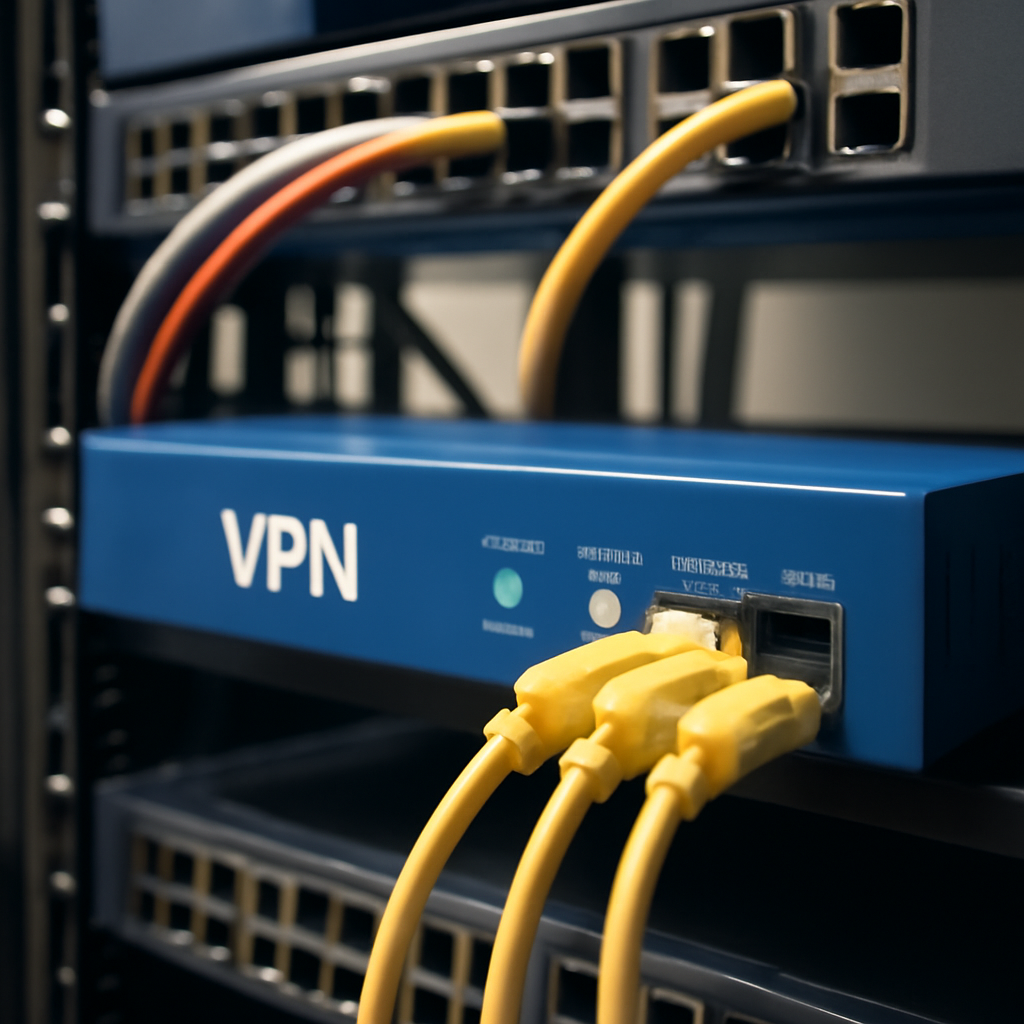 Network security appliance on a rack in a brightly-lit data center.