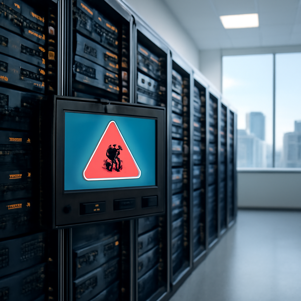 Rows of rack-mounted servers in a brightly-lit network operations center with a prominent device displaying a vulnerability…