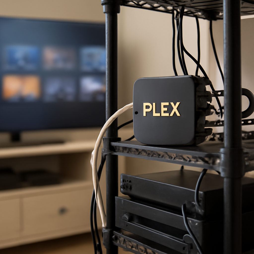 Plex Media Server setup on a shelf surrounded by cables and media devices.