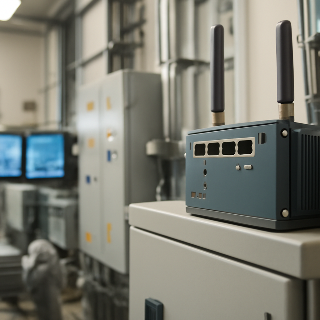Industrial control room with cellular router and equipment, network operations center in background.