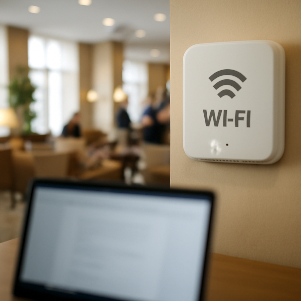 Public Wi-Fi access point in a hotel lobby with a blurred laptop screen nearby.