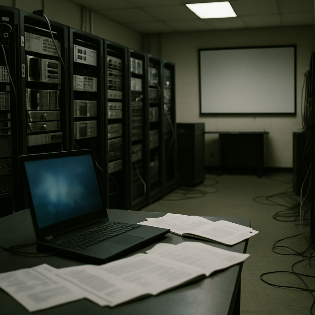 Dimly lit server room with rows of computer equipment and a large blank screen on the wall.