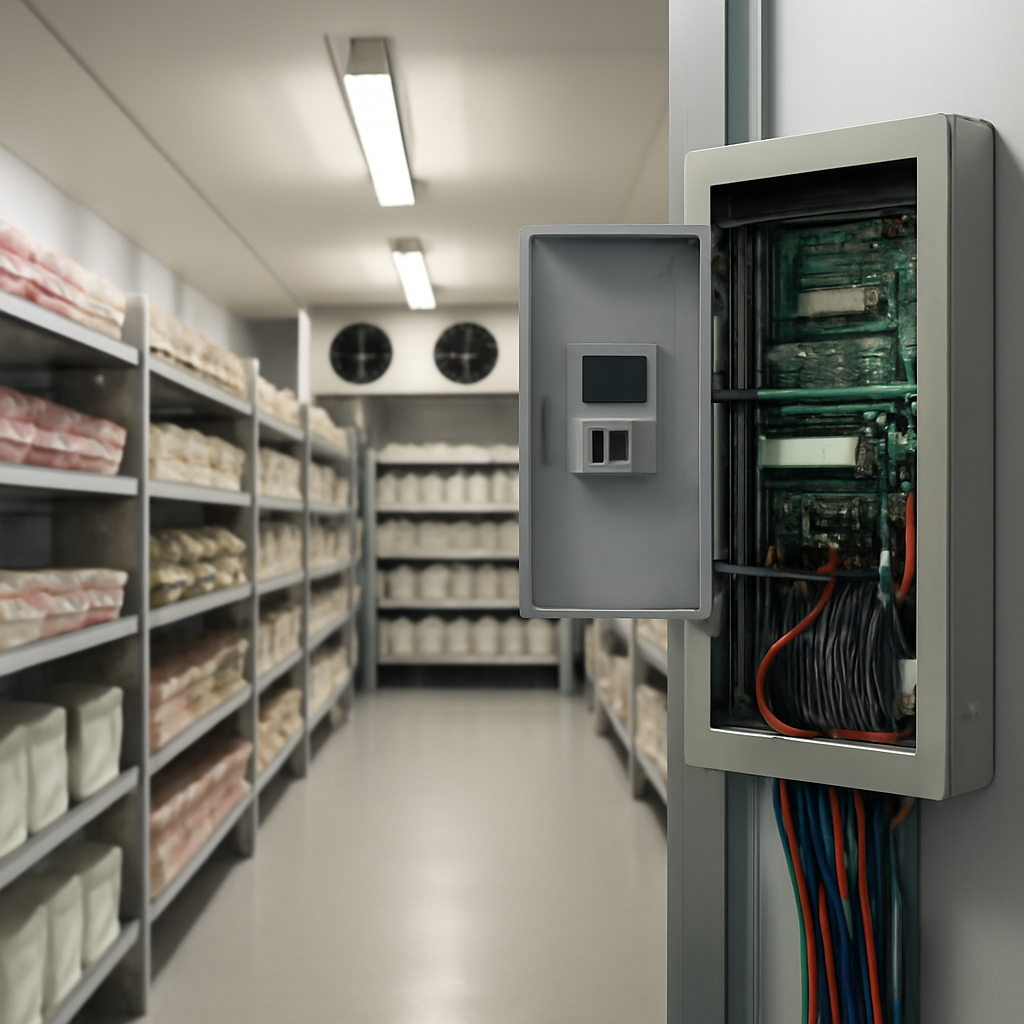 Refrigerated storage room with exposed wires and circuit boards on a unit's control panel.