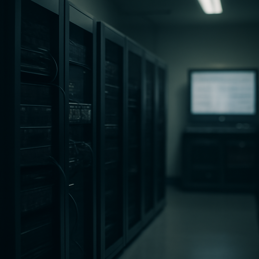 Dimly lit server room with rows of computer servers, exposed cables, and a blurred screen hinting at a database interface.