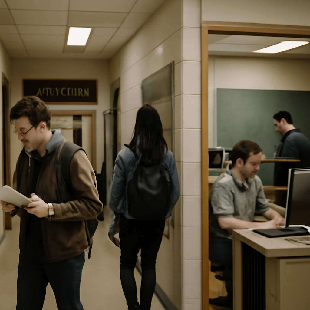 University hallway with generic furnishings and decor, daytime scene.