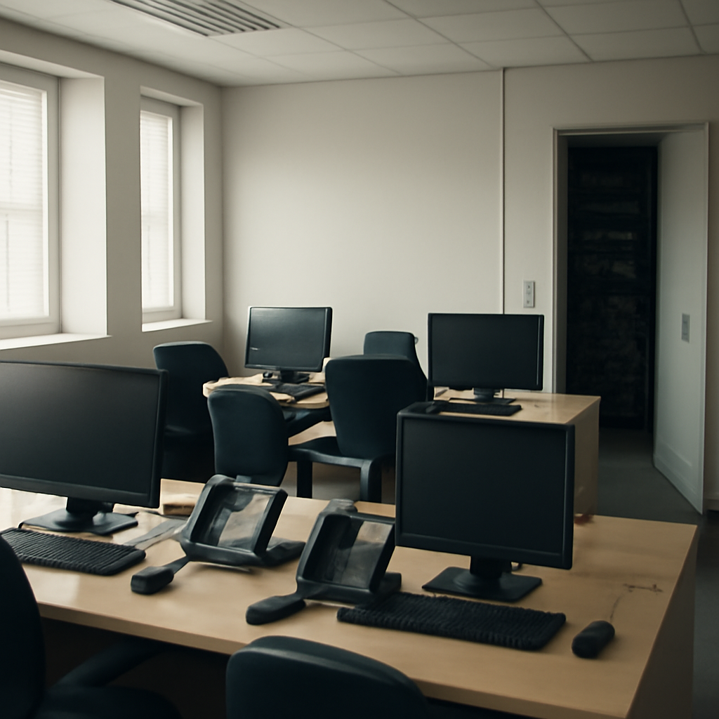 A brightly-lit office with phone systems and computer workstations, server room door slightly ajar.