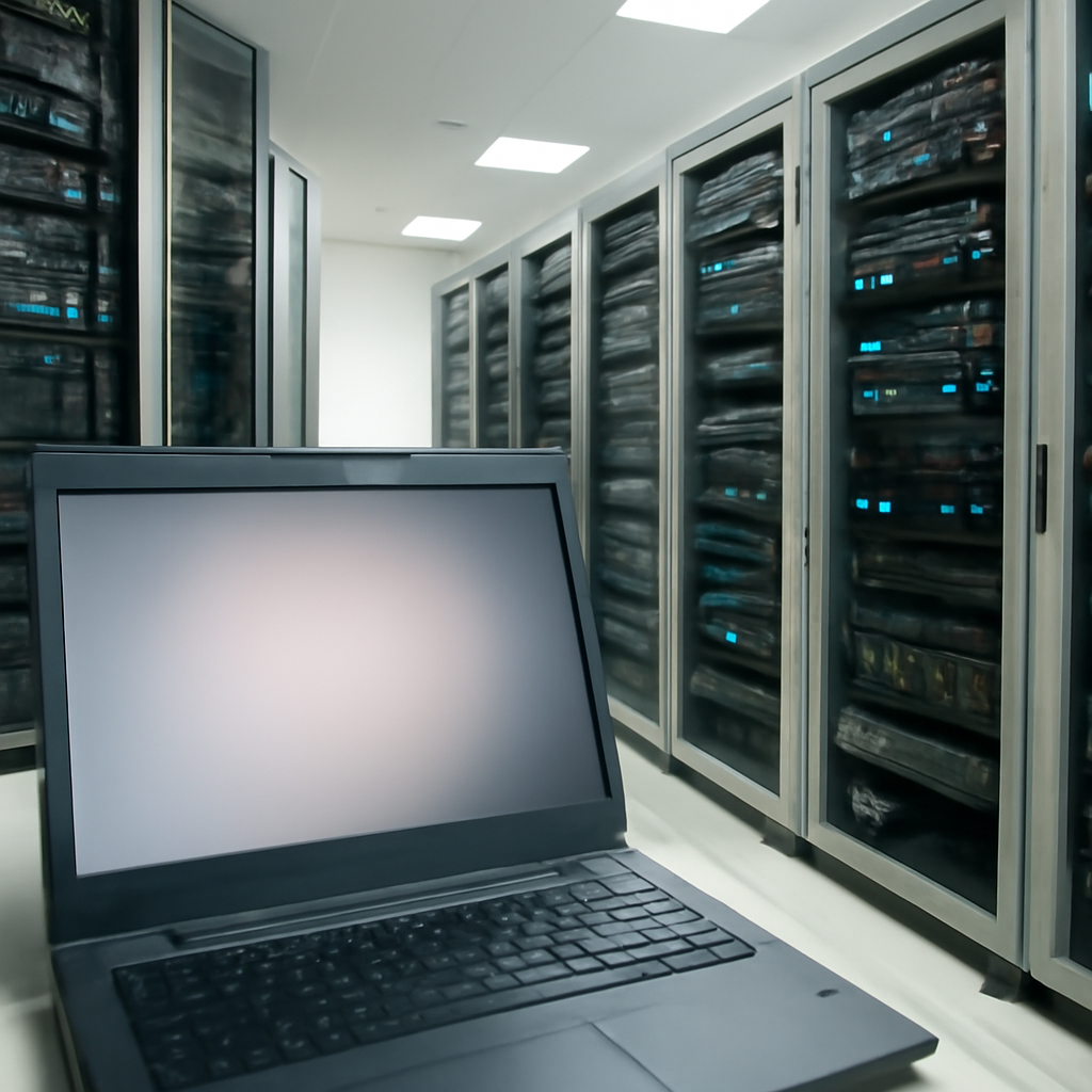 Server room with rows of computer equipment and a single blank laptop screen in the foreground.