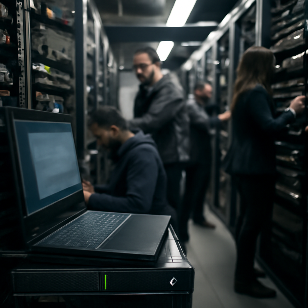 Technicians work in a server room with rows of computer equipment, focusing on a specific server with a blurred screen.