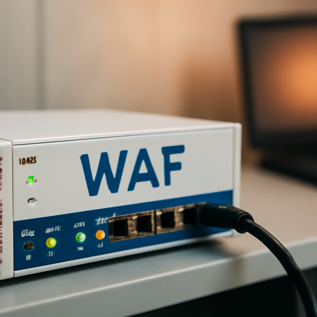 Web application firewall device on workbench with nearby computer, conveying vulnerability.