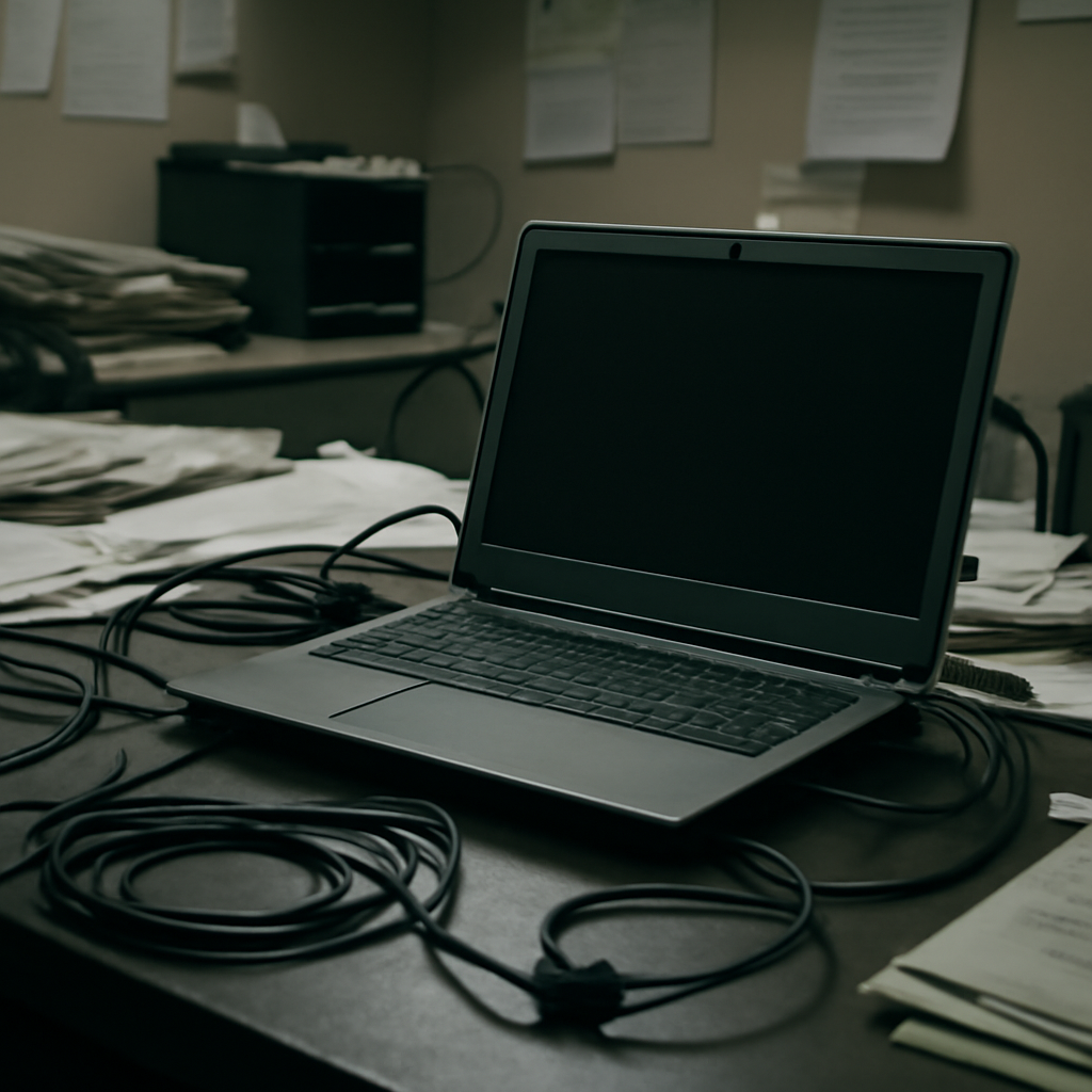 Cluttered computer workstation with laptop and cables in a small, cramped business office setting.