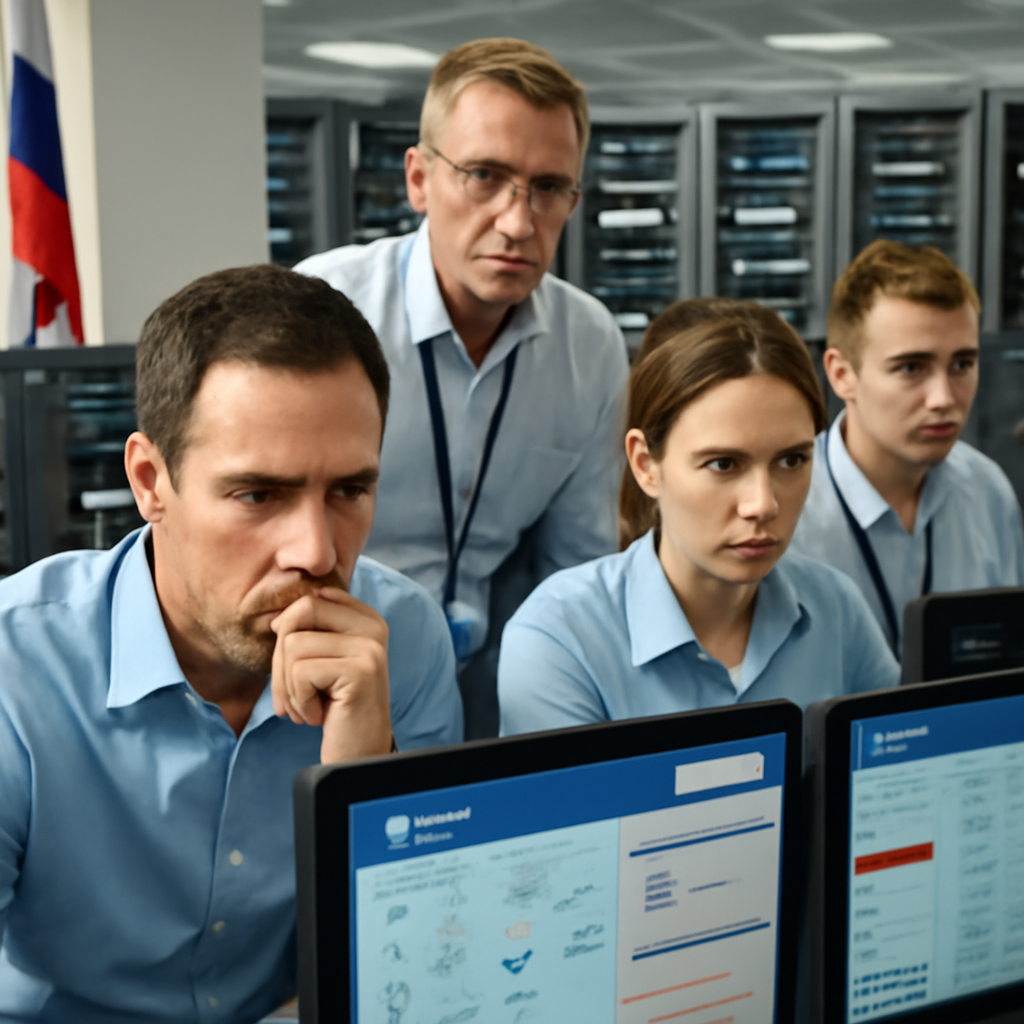 Concerned IT professionals stand in front of rows of computer servers and networking equipment in a brightly-lit network…