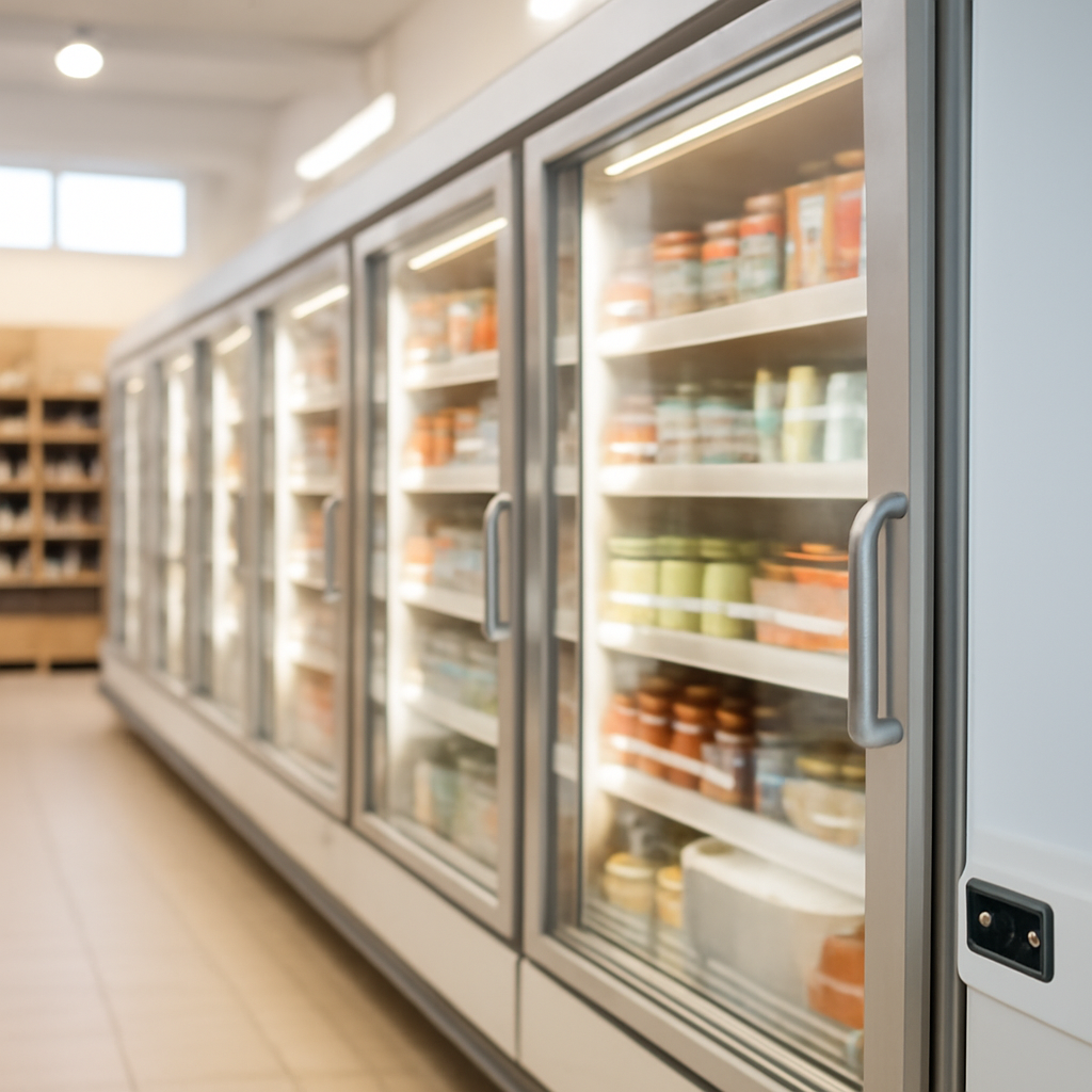 Supermarket refrigeration units with digital control panel in focus.