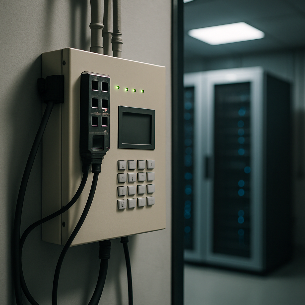 Brightly-lit industrial server room with a generic controller on the wall.