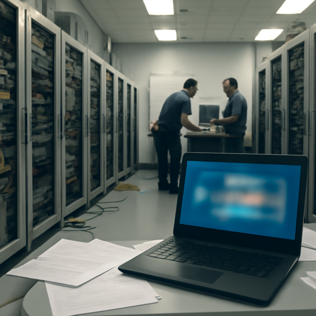 Technicians work on computer servers and equipment in a brightly-lit industrial control room with cables on the floor and a…