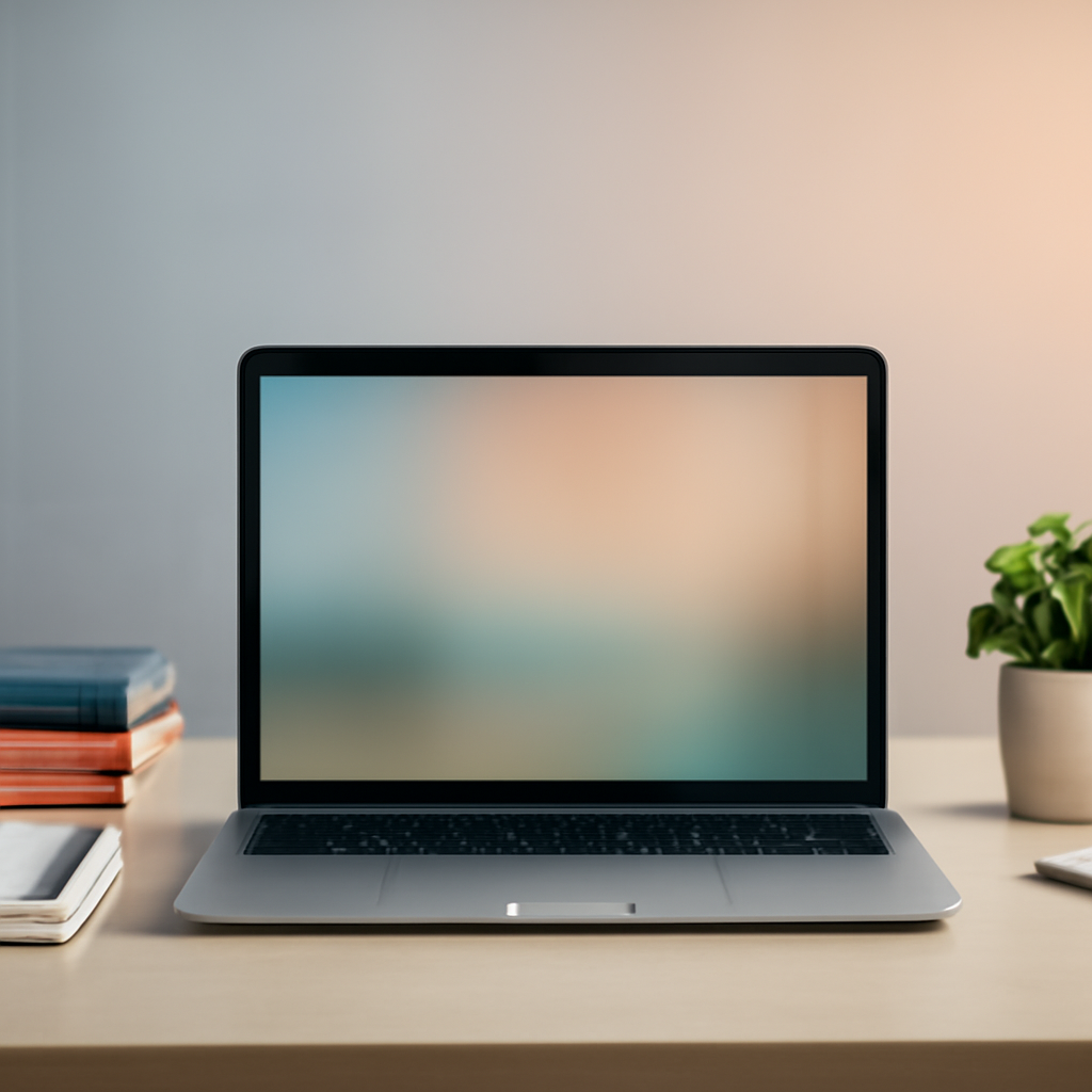 Laptop on a clean desk with a blurred screen, hinting at a web development workspace.