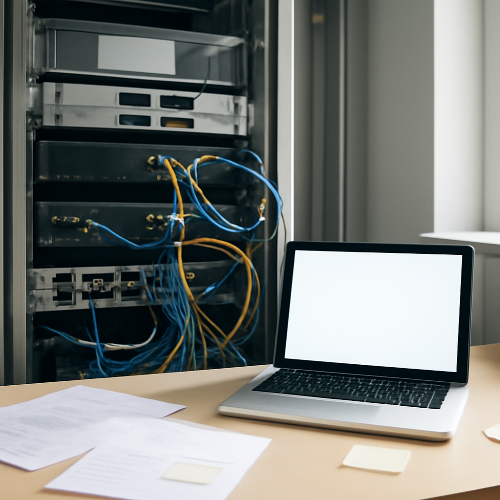 Server room setup with computer servers, networking equipment, and a laptop on a desk.