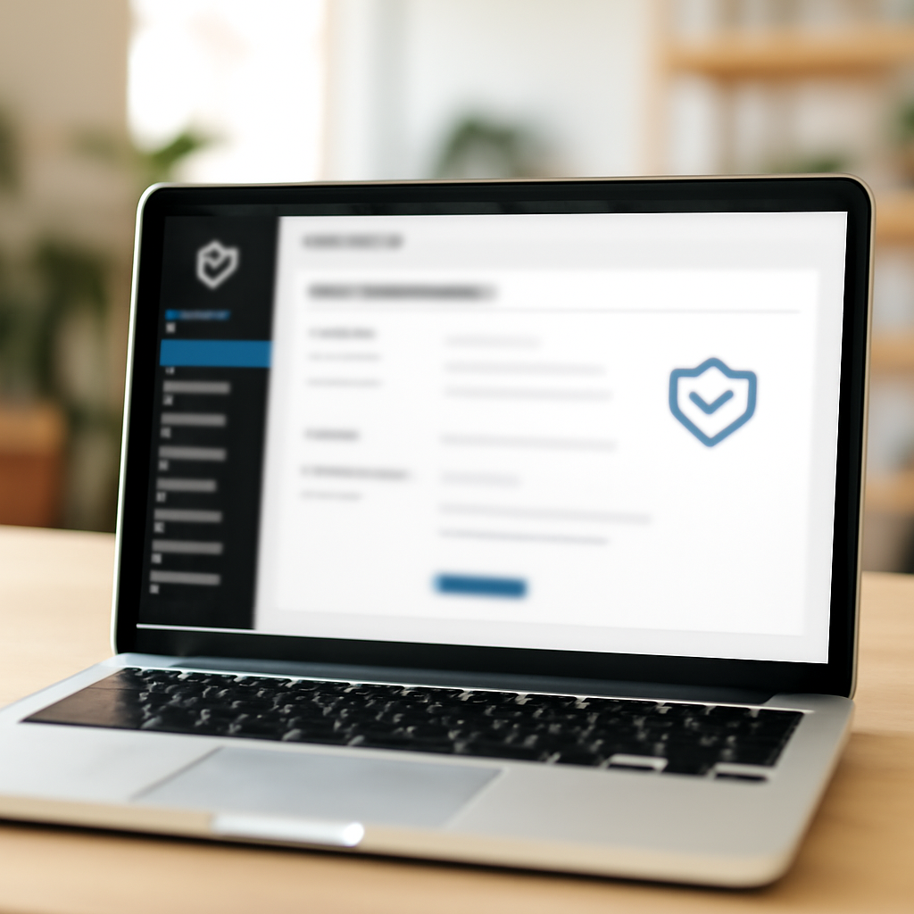 Laptop screen shows WordPress backend dashboard with security settings.