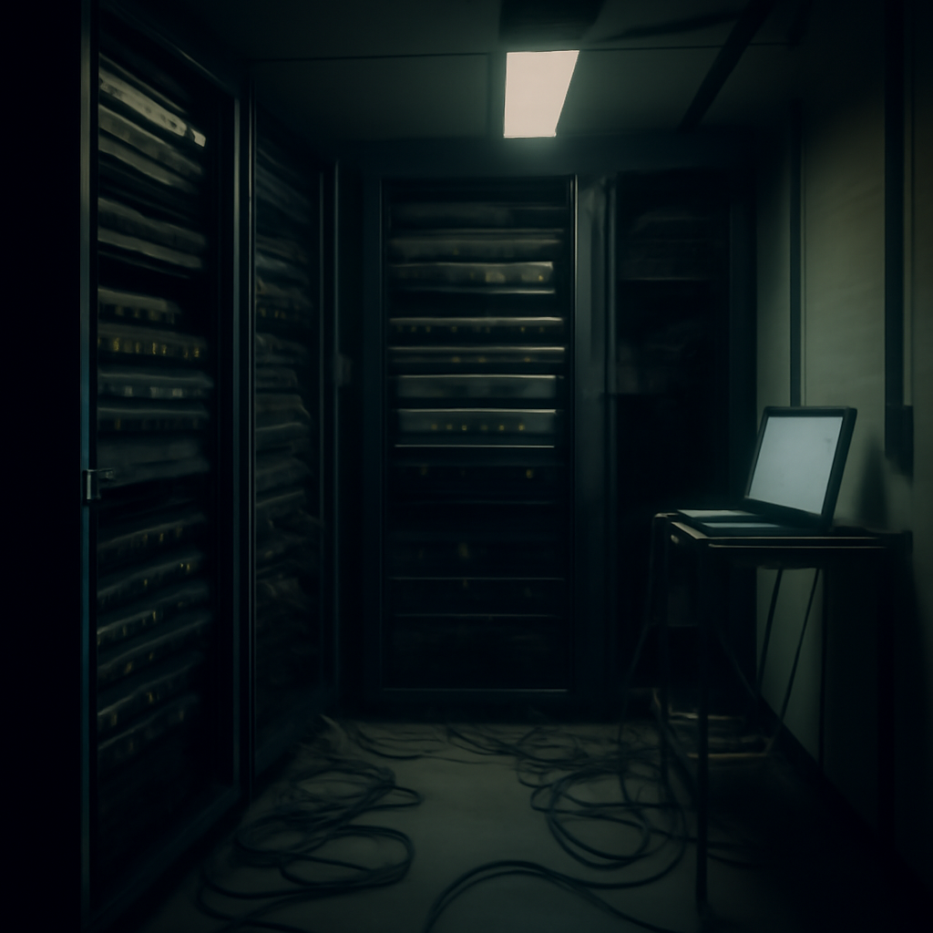 Dimly lit server room with rack-mounted equipment and scattered cables.