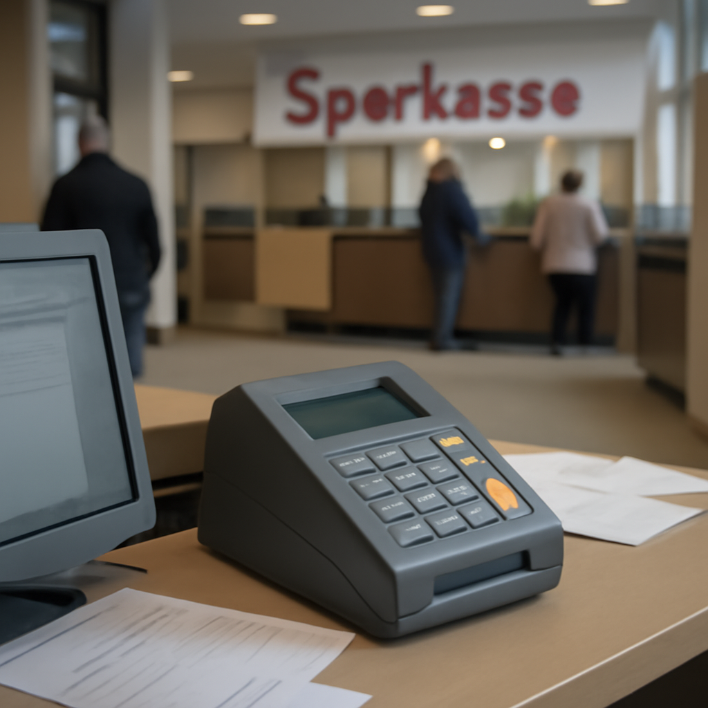 German bank branch interior with customers and payment terminal in foreground.