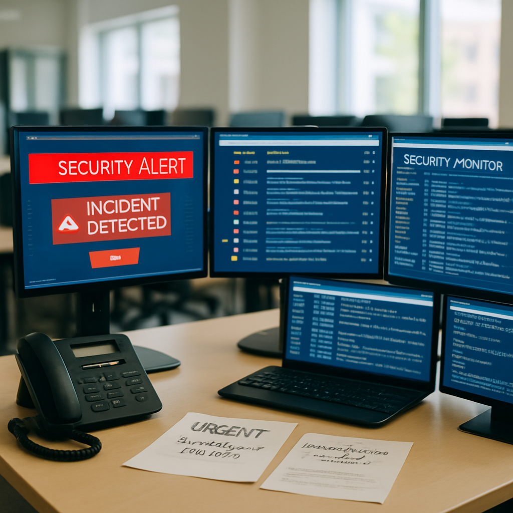 Security analyst's desk with multiple monitors displaying alerts, phone, and papers, with blurred office area in background.