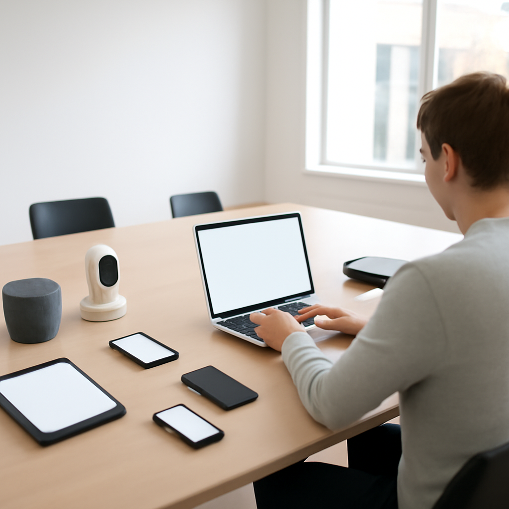 Person working on laptop in modern workspace with various devices nearby.