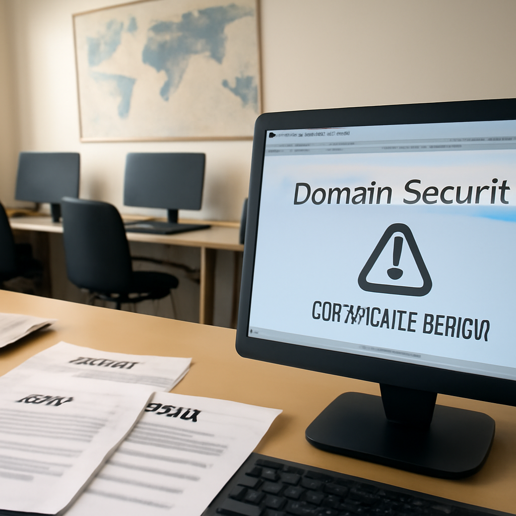 Domain management office with computer workstations and a large map in the background.