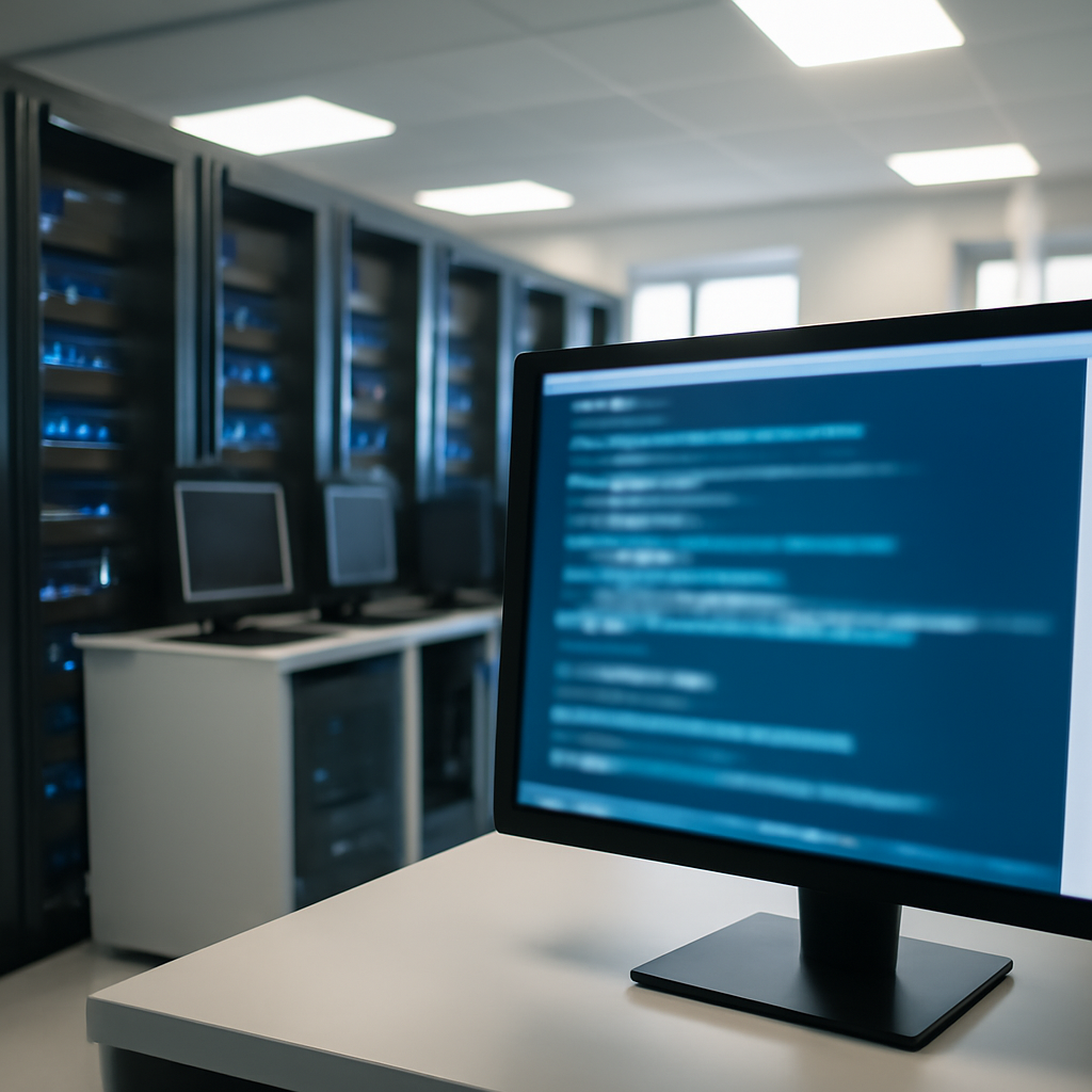 Brightly-lit office with rows of computer servers and a large screen displaying a blurred image.