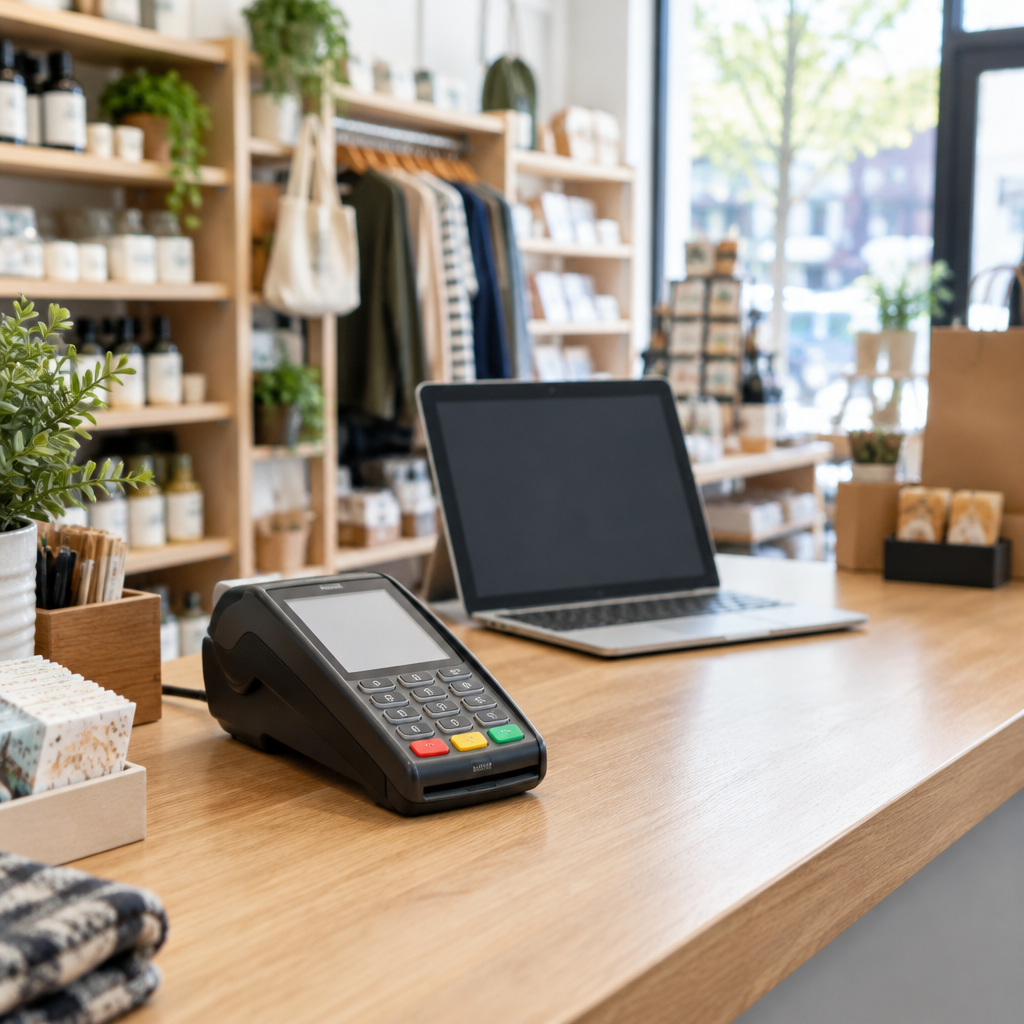 Retail store checkout counter with payment terminal and laptop in background.