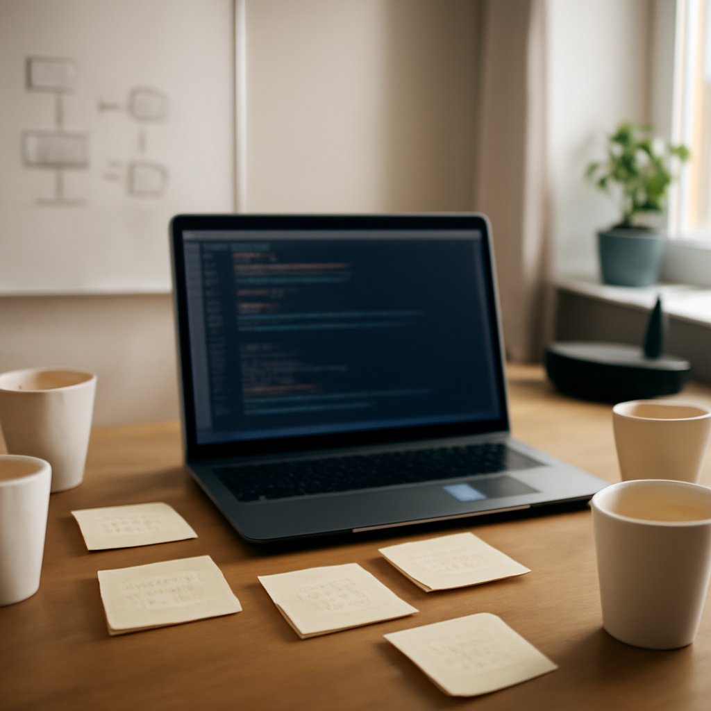 Blurred laptop screen in a cluttered home office with notes and coffee cups.