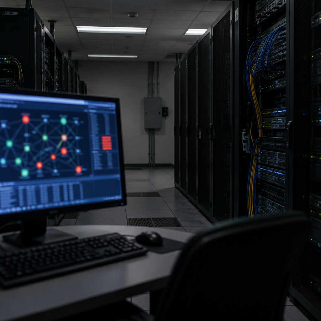 Dimly lit server room with equipment racks, cables, and a single workstation.