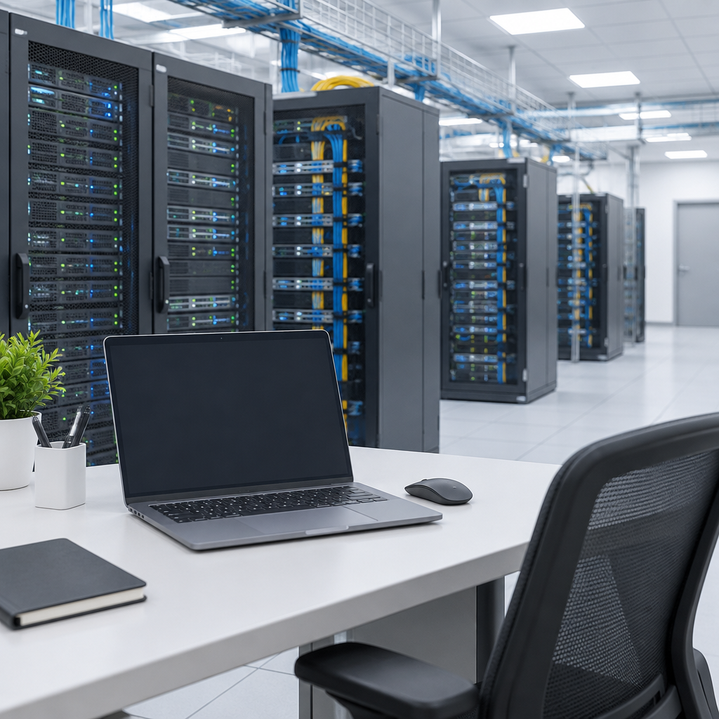 Rows of computer servers and networking equipment in a brightly-lit server room with a single unoccupied workstation in the…