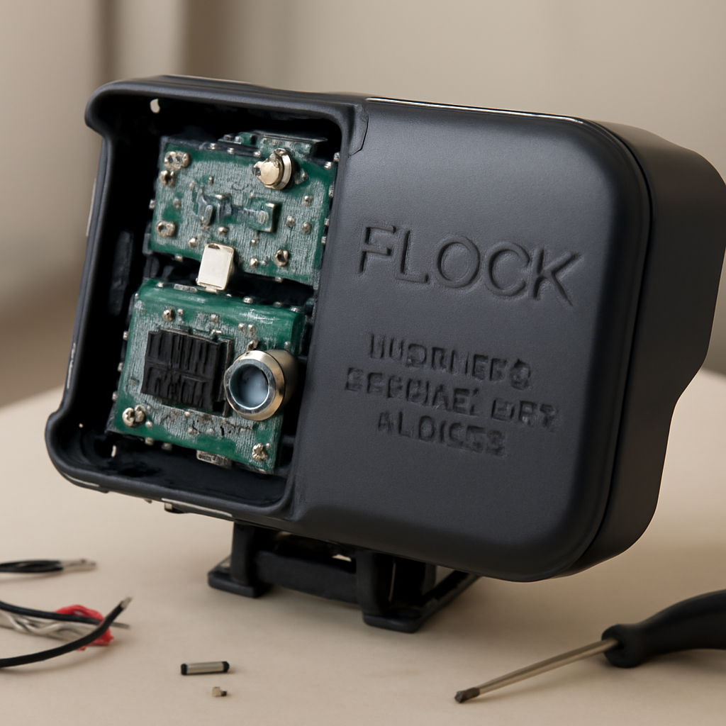 Close-up of disassembled Flock license plate reader showing internal circuit boards and components.