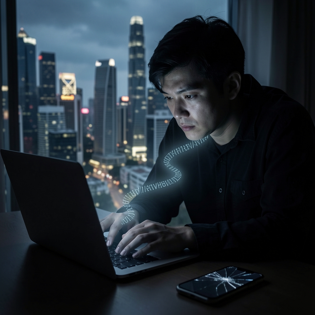 Person in shadows hunched over laptop with eerie glow, cityscape blurred in background, ghostly URL pathway trails from…