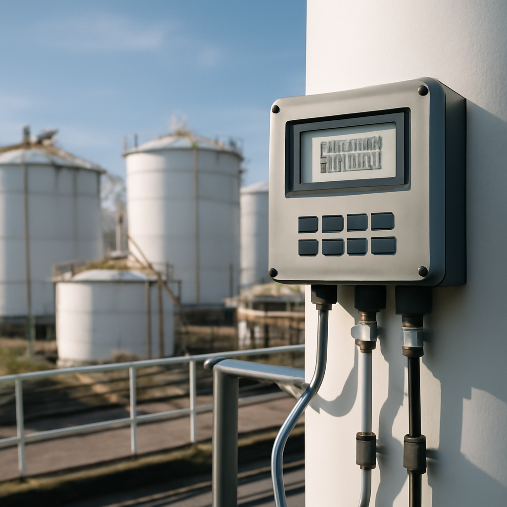 Industrial setting with fuel storage tanks and an automatic tank gauge system.