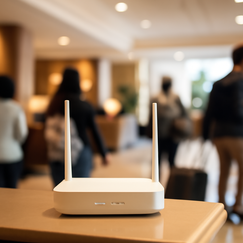 Wi-Fi router on a table in a hotel lobby, surrounded by blurred travelers.