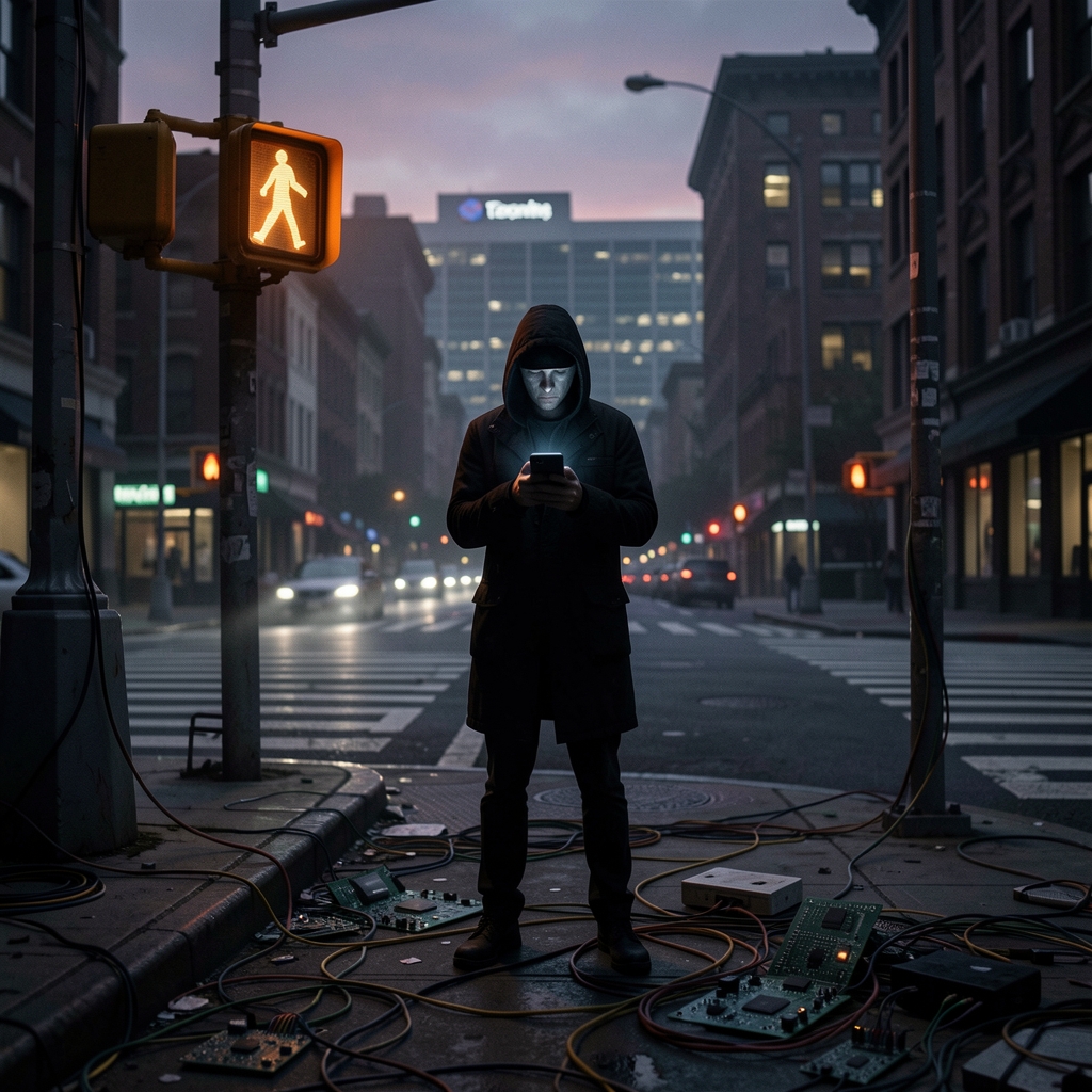Lone figure in shadows holds smartphone near crosswalk with tangled wires and circuit boards scattered around.