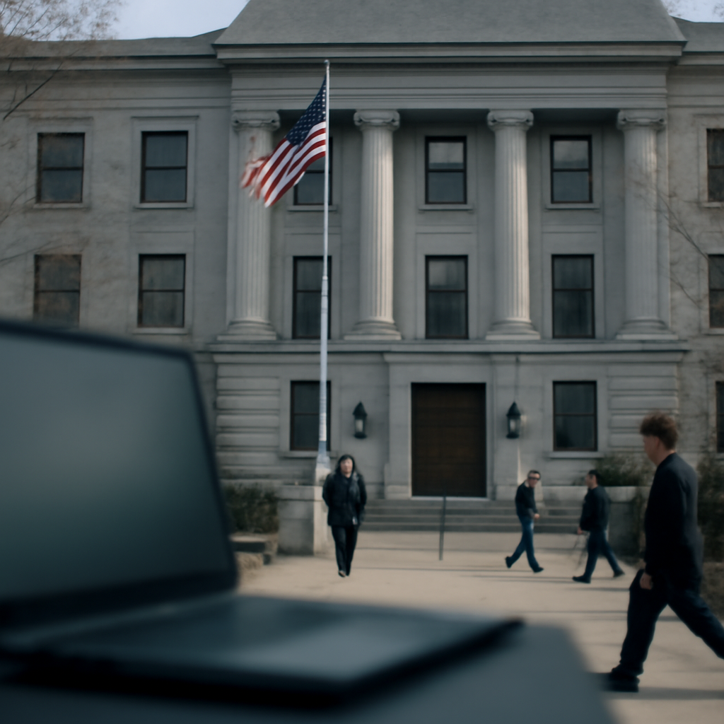 Government building facade with people walking nearby, hint of tension.