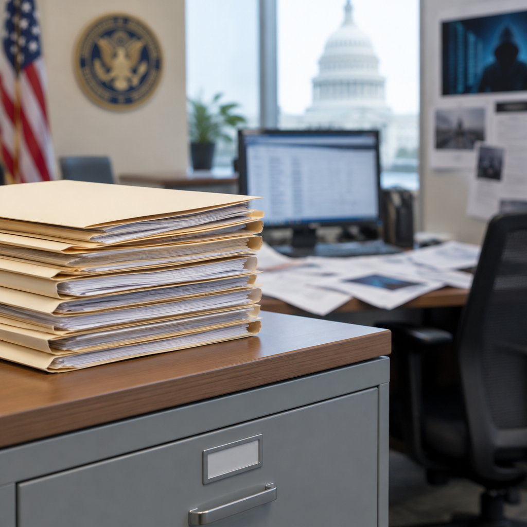 Government office setting with scattered papers and a blurred computer screen, hinting at a data breach, with an abstract…
