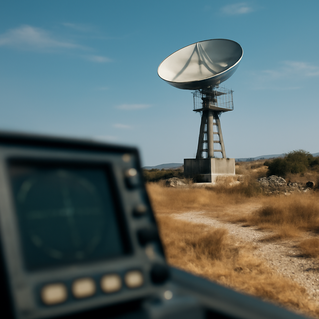 Radar system installed on a raised platform in a desert landscape under a clear blue sky.