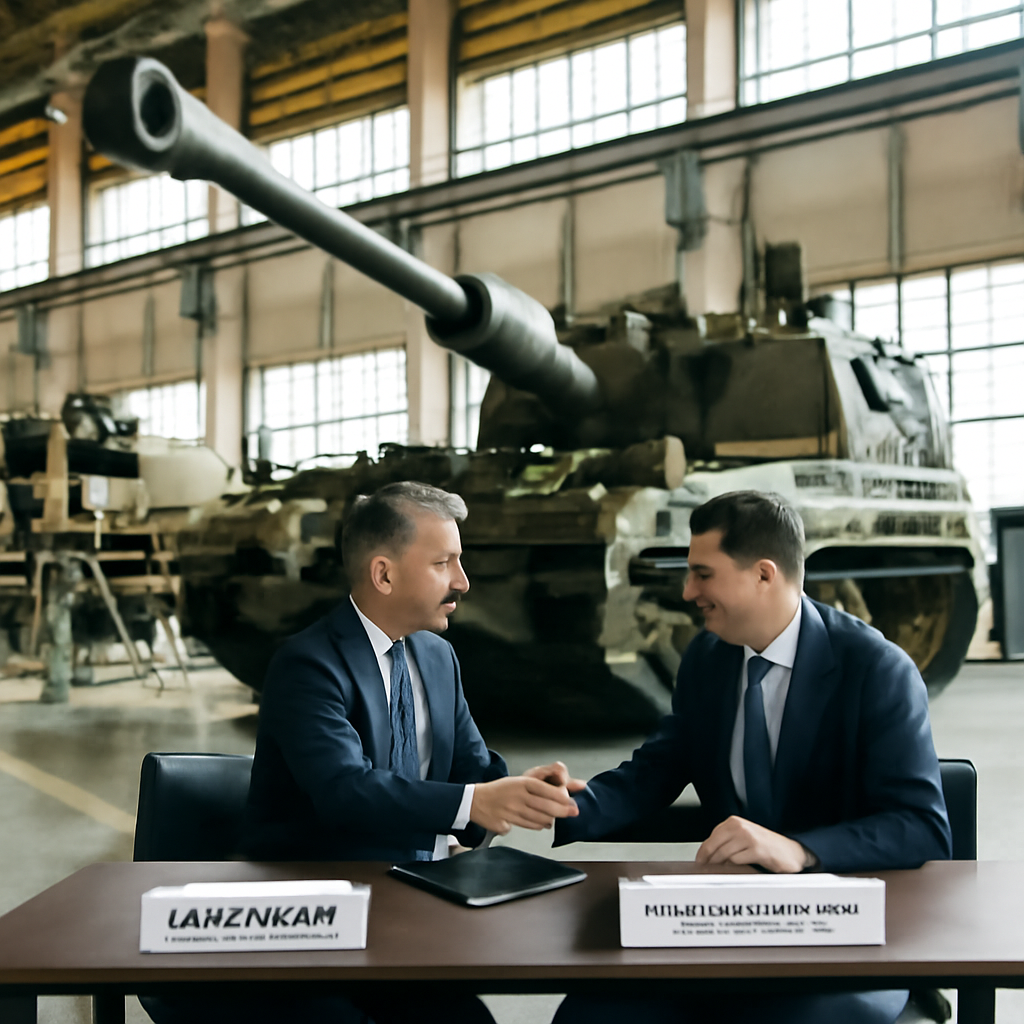 Hanwha and Generation officials meet at a factory as K9 Howitzers are assembled in the background.